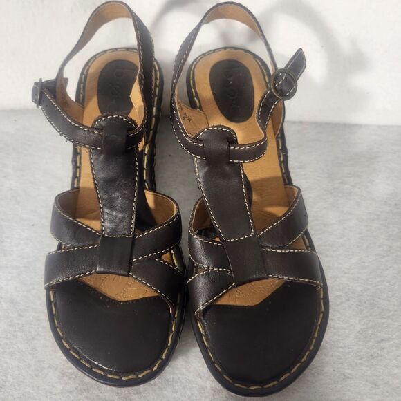 BORN B.O.C. DARK BROWN SOFT LEATHER HIGH ROPE WEDGE SANDAL 9M - Picture 1 of 8